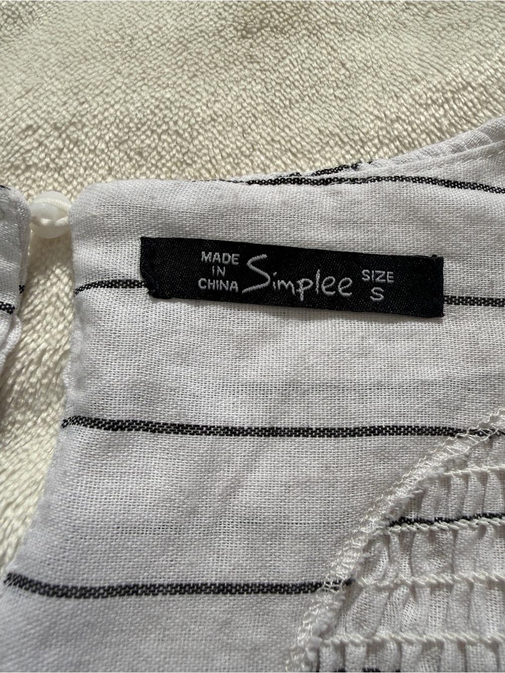 Simplee White Black Striped Smocked Midi Dress Linen Blend Flutter Sleeve Small - Picture 3 of 11